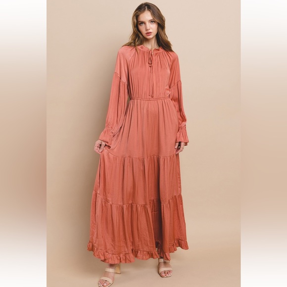 64 Beautiful Washed Satin Tie Front Tiered Maxi Dress - Picture 4 of 7